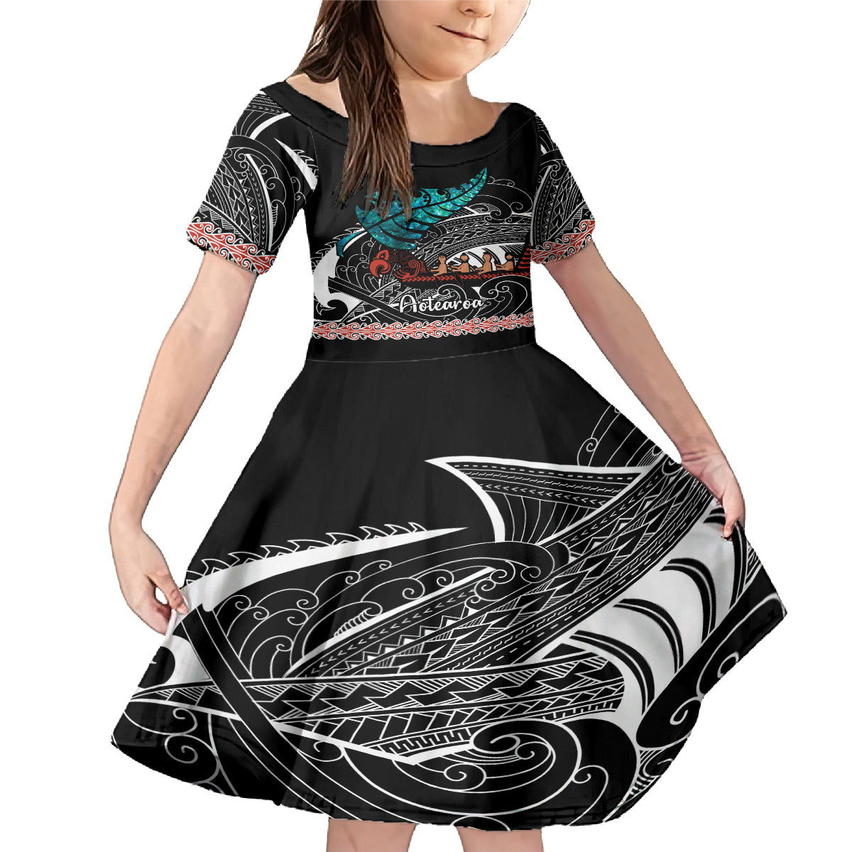 Personalised New Zealand Waka Family Matching Mermaid Dress and Hawaiian Shirt Aotearoa Maori Silver Fern Pattern - Wonder Print Shop