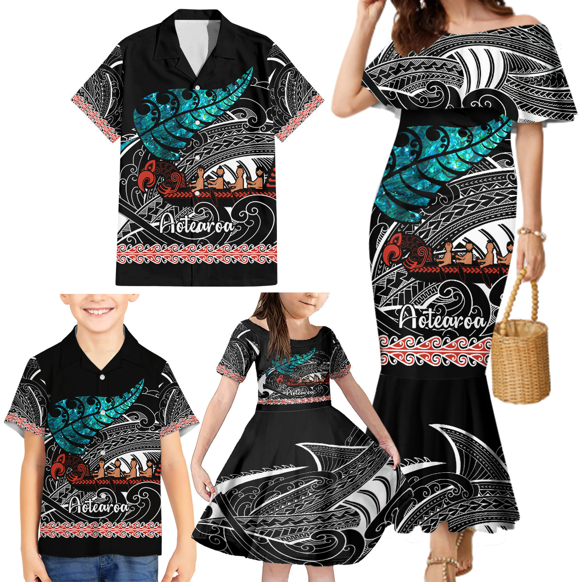 Personalised New Zealand Waka Family Matching Mermaid Dress and Hawaiian Shirt Aotearoa Maori Silver Fern Pattern - Wonder Print Shop