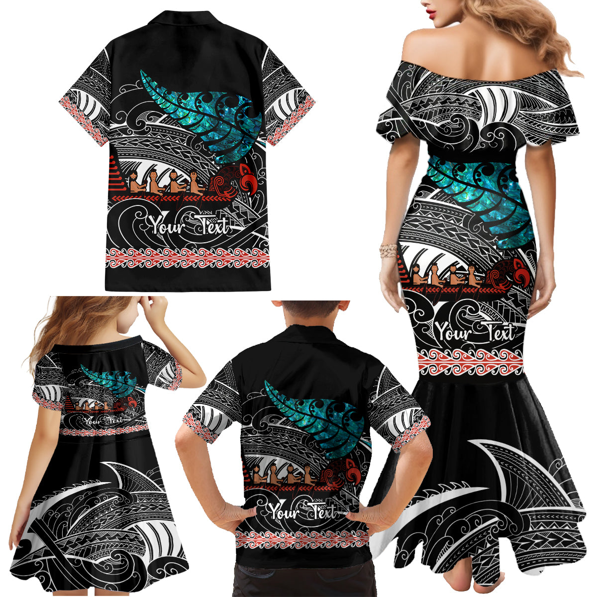 Personalised New Zealand Waka Family Matching Mermaid Dress and Hawaiian Shirt Aotearoa Maori Silver Fern Pattern - Wonder Print Shop