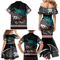 Personalised New Zealand Waka Family Matching Mermaid Dress and Hawaiian Shirt Aotearoa Maori Silver Fern Pattern - Wonder Print Shop