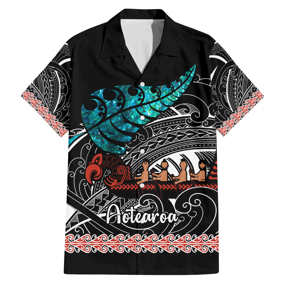 Personalised New Zealand Waka Family Matching Mermaid Dress and Hawaiian Shirt Aotearoa Maori Silver Fern Pattern - Wonder Print Shop