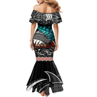 Personalised New Zealand Waka Family Matching Mermaid Dress and Hawaiian Shirt Aotearoa Maori Silver Fern Pattern - Wonder Print Shop