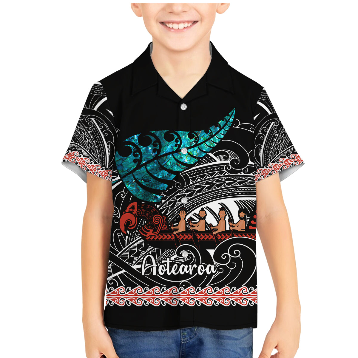 Personalised New Zealand Waka Family Matching Mermaid Dress and Hawaiian Shirt Aotearoa Maori Silver Fern Pattern - Wonder Print Shop