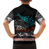 Personalised New Zealand Waka Family Matching Off Shoulder Long Sleeve Dress and Hawaiian Shirt Aotearoa Maori Silver Fern Pattern - Wonder Print Shop