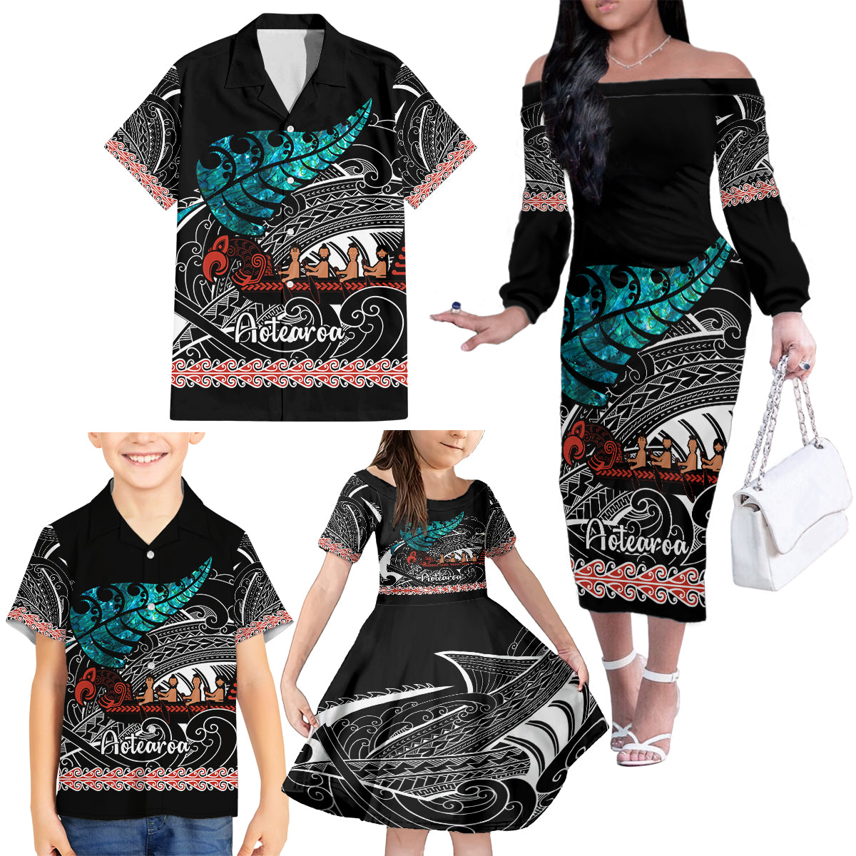 Personalised New Zealand Waka Family Matching Off Shoulder Long Sleeve Dress and Hawaiian Shirt Aotearoa Maori Silver Fern Pattern - Wonder Print Shop