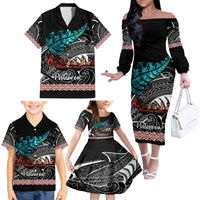 Personalised New Zealand Waka Family Matching Off Shoulder Long Sleeve Dress and Hawaiian Shirt Aotearoa Maori Silver Fern Pattern - Wonder Print Shop