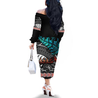 Personalised New Zealand Waka Family Matching Off Shoulder Long Sleeve Dress and Hawaiian Shirt Aotearoa Maori Silver Fern Pattern - Wonder Print Shop