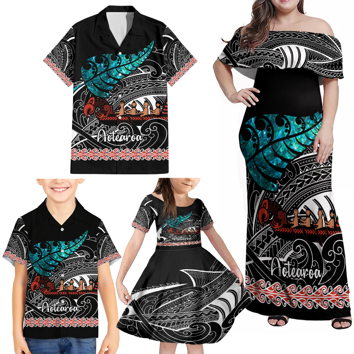 Personalised New Zealand Waka Family Matching Off Shoulder Maxi Dress and Hawaiian Shirt Aotearoa Maori Silver Fern Pattern - Wonder Print Shop