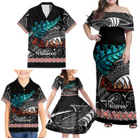 Personalised New Zealand Waka Family Matching Off Shoulder Maxi Dress and Hawaiian Shirt Aotearoa Maori Silver Fern Pattern - Wonder Print Shop