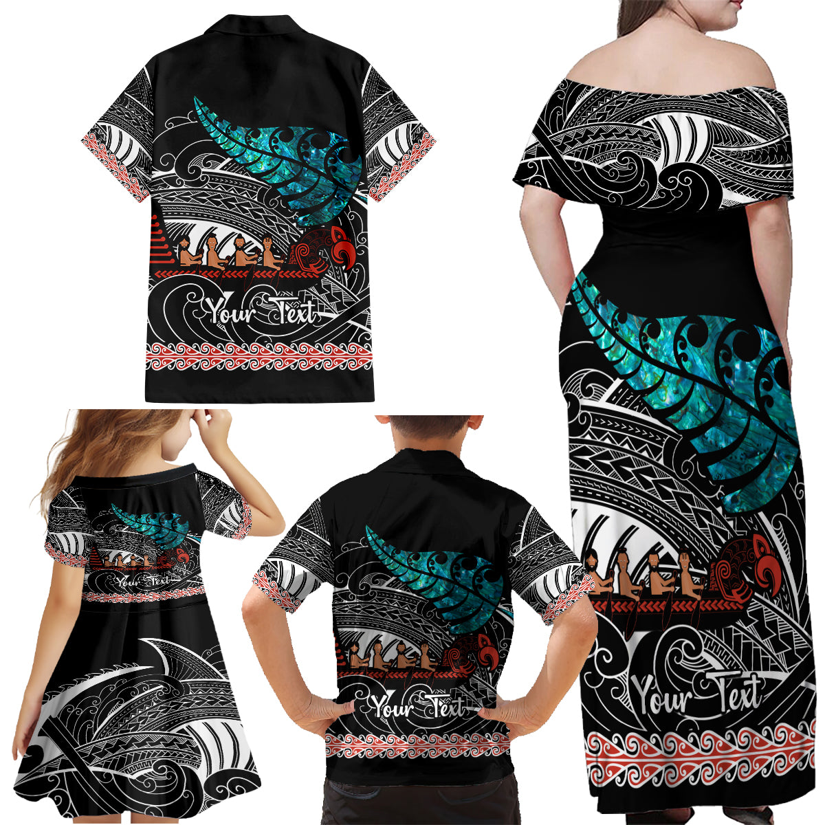 Personalised New Zealand Waka Family Matching Off Shoulder Maxi Dress and Hawaiian Shirt Aotearoa Maori Silver Fern Pattern - Wonder Print Shop