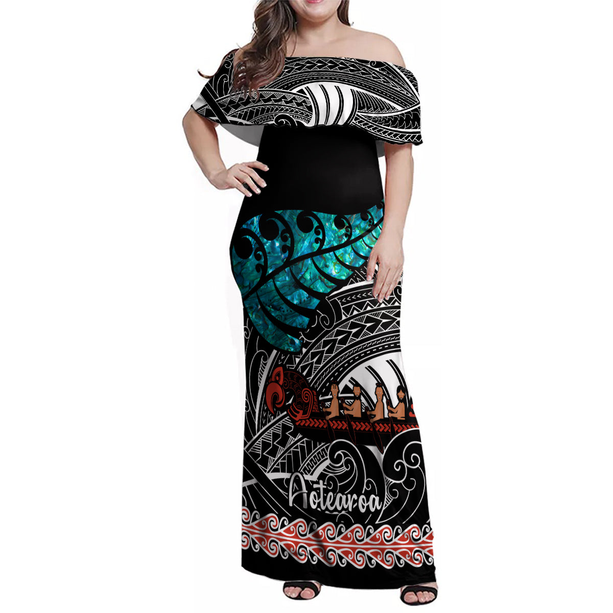 Personalised New Zealand Waka Family Matching Off Shoulder Maxi Dress and Hawaiian Shirt Aotearoa Maori Silver Fern Pattern - Wonder Print Shop