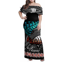 Personalised New Zealand Waka Family Matching Off Shoulder Maxi Dress and Hawaiian Shirt Aotearoa Maori Silver Fern Pattern - Wonder Print Shop