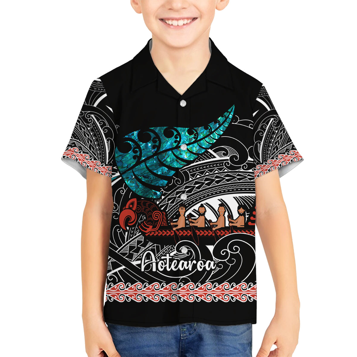 Personalised New Zealand Waka Family Matching Off Shoulder Maxi Dress and Hawaiian Shirt Aotearoa Maori Silver Fern Pattern - Wonder Print Shop