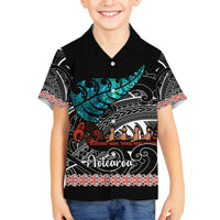 Personalised New Zealand Waka Family Matching Off Shoulder Maxi Dress and Hawaiian Shirt Aotearoa Maori Silver Fern Pattern - Wonder Print Shop