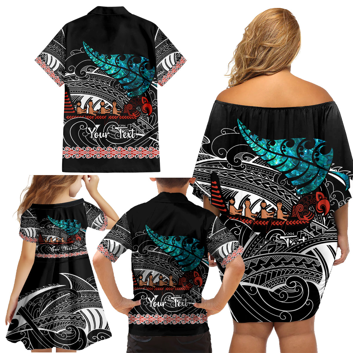Personalised New Zealand Waka Family Matching Off Shoulder Short Dress and Hawaiian Shirt Aotearoa Maori Silver Fern Pattern - Wonder Print Shop
