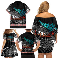Personalised New Zealand Waka Family Matching Off Shoulder Short Dress and Hawaiian Shirt Aotearoa Maori Silver Fern Pattern - Wonder Print Shop