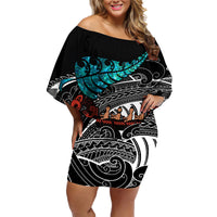 Personalised New Zealand Waka Family Matching Off Shoulder Short Dress and Hawaiian Shirt Aotearoa Maori Silver Fern Pattern - Wonder Print Shop