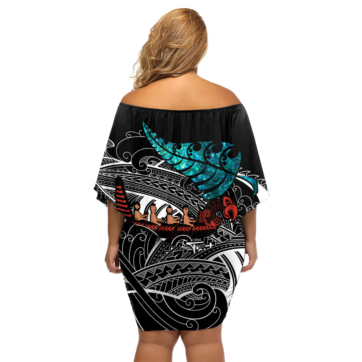 Personalised New Zealand Waka Family Matching Off Shoulder Short Dress and Hawaiian Shirt Aotearoa Maori Silver Fern Pattern - Wonder Print Shop