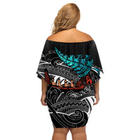 Personalised New Zealand Waka Family Matching Off Shoulder Short Dress and Hawaiian Shirt Aotearoa Maori Silver Fern Pattern - Wonder Print Shop