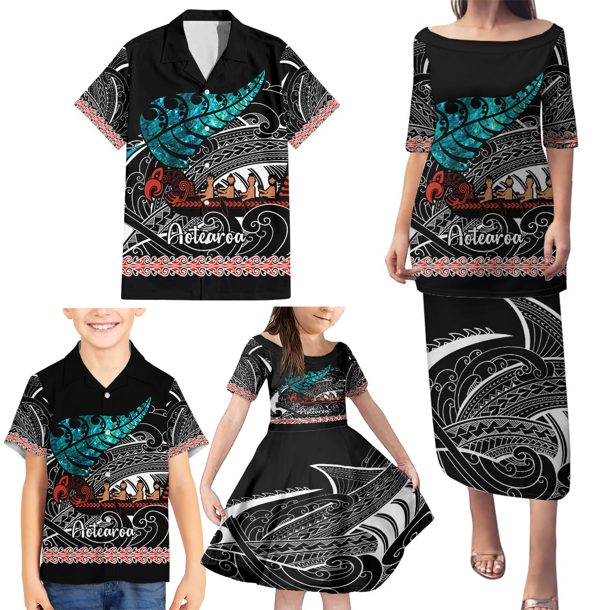 Personalised New Zealand Waka Family Matching Puletasi Dress and Hawaiian Shirt Aotearoa Maori Silver Fern Pattern - Wonder Print Shop