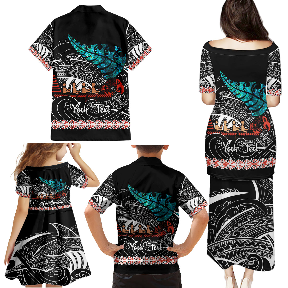 Personalised New Zealand Waka Family Matching Puletasi Dress and Hawaiian Shirt Aotearoa Maori Silver Fern Pattern - Wonder Print Shop