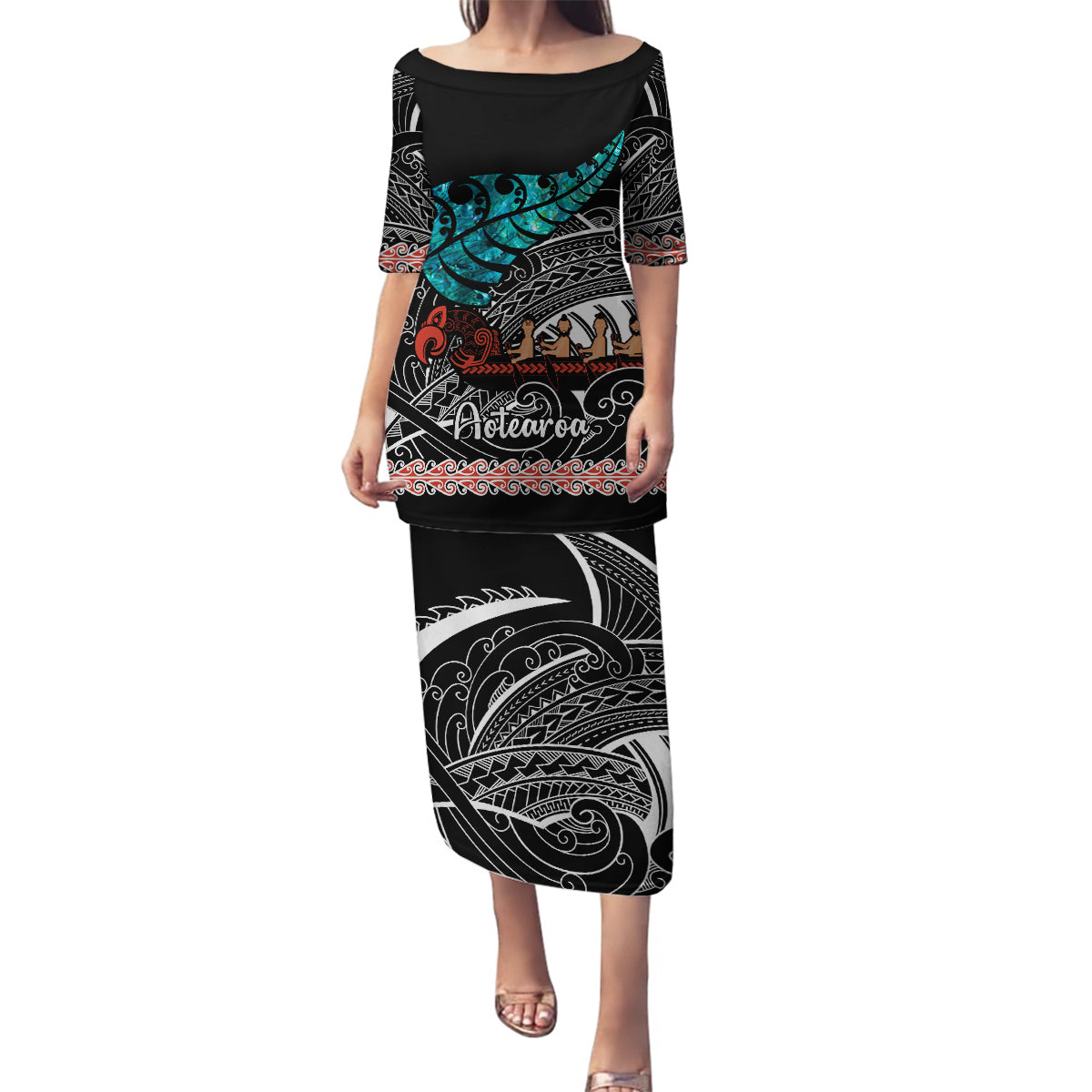 Personalised New Zealand Waka Family Matching Puletasi Dress and Hawaiian Shirt Aotearoa Maori Silver Fern Pattern - Wonder Print Shop