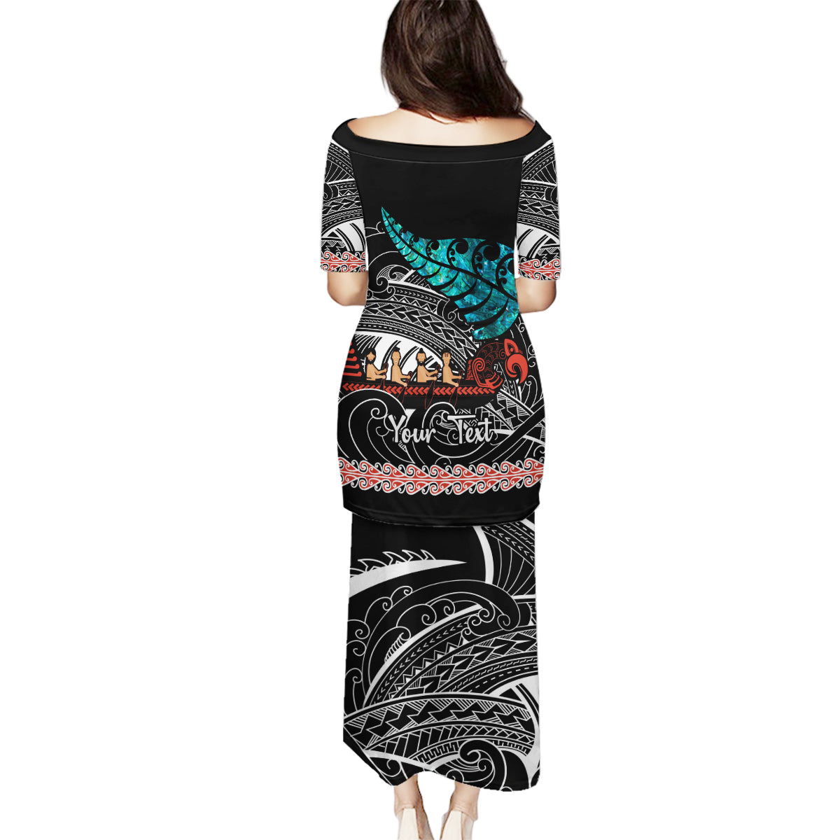 Personalised New Zealand Waka Family Matching Puletasi Dress and Hawaiian Shirt Aotearoa Maori Silver Fern Pattern - Wonder Print Shop