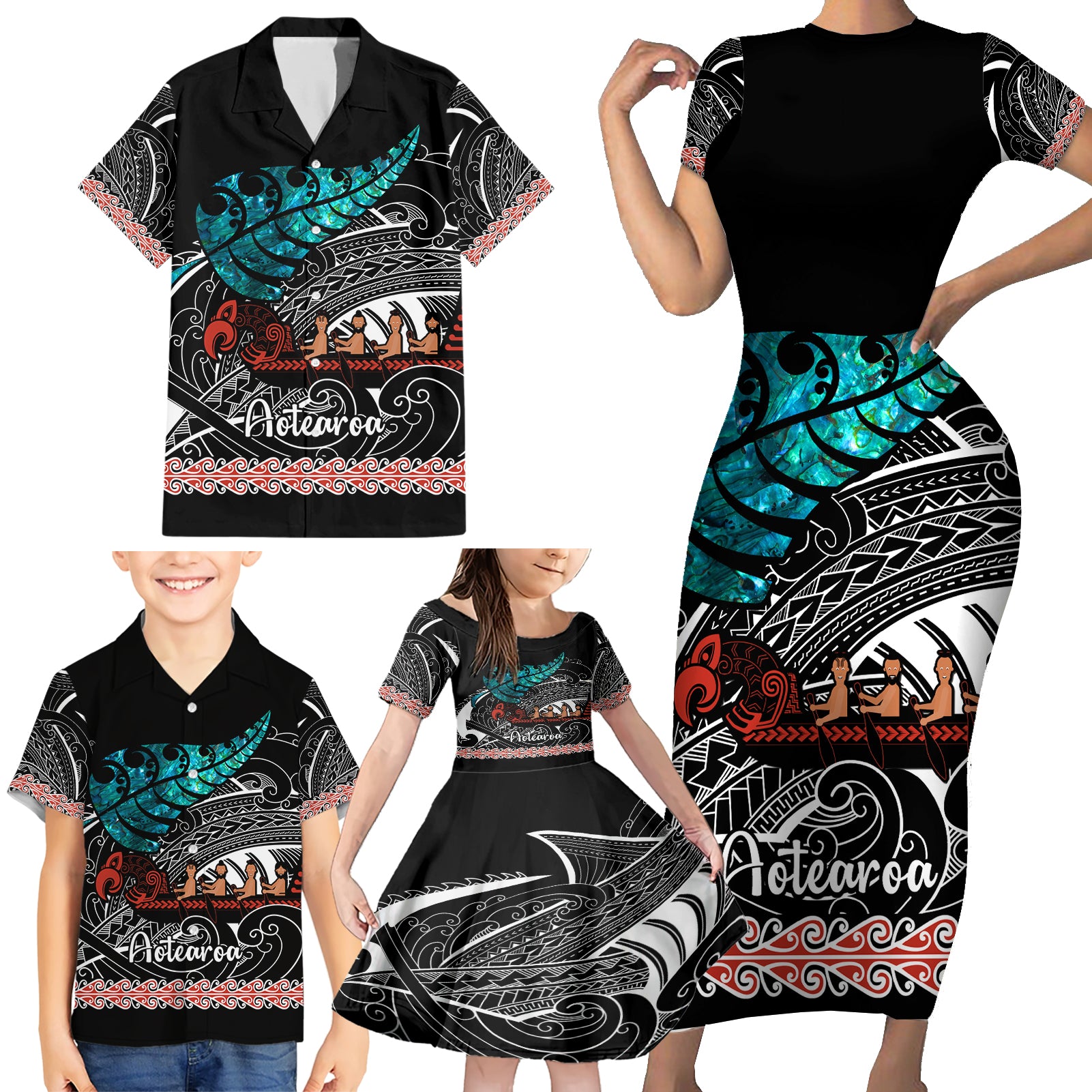 Personalised New Zealand Waka Family Matching Short Sleeve Bodycon Dress and Hawaiian Shirt Aotearoa Maori Silver Fern Pattern - Wonder Print Shop