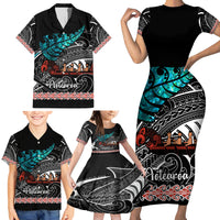 Personalised New Zealand Waka Family Matching Short Sleeve Bodycon Dress and Hawaiian Shirt Aotearoa Maori Silver Fern Pattern - Wonder Print Shop