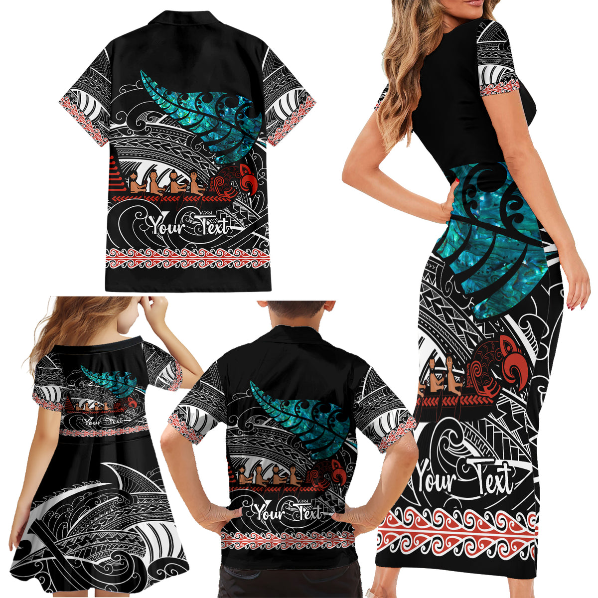 Personalised New Zealand Waka Family Matching Short Sleeve Bodycon Dress and Hawaiian Shirt Aotearoa Maori Silver Fern Pattern - Wonder Print Shop