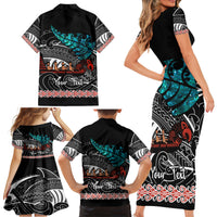 Personalised New Zealand Waka Family Matching Short Sleeve Bodycon Dress and Hawaiian Shirt Aotearoa Maori Silver Fern Pattern - Wonder Print Shop