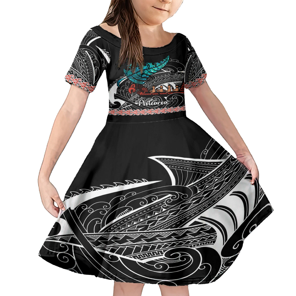 Personalised New Zealand Waka Family Matching Summer Maxi Dress and Hawaiian Shirt Aotearoa Maori Silver Fern Pattern - Wonder Print Shop