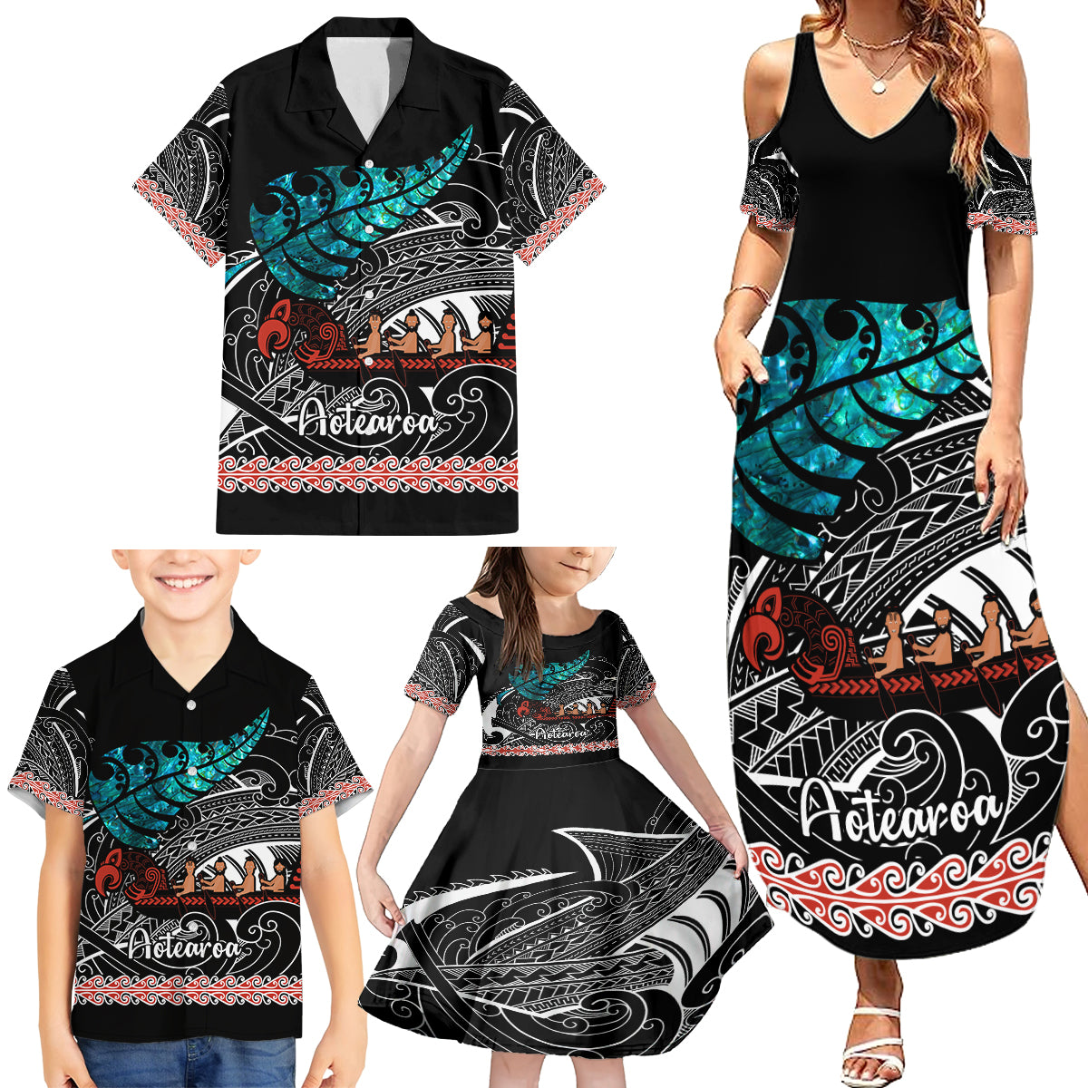 Personalised New Zealand Waka Family Matching Summer Maxi Dress and Hawaiian Shirt Aotearoa Maori Silver Fern Pattern - Wonder Print Shop