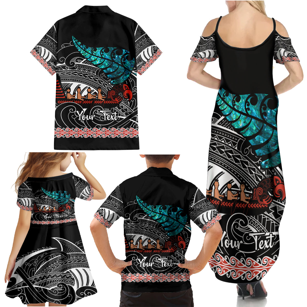 Personalised New Zealand Waka Family Matching Summer Maxi Dress and Hawaiian Shirt Aotearoa Maori Silver Fern Pattern - Wonder Print Shop