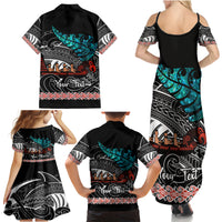 Personalised New Zealand Waka Family Matching Summer Maxi Dress and Hawaiian Shirt Aotearoa Maori Silver Fern Pattern - Wonder Print Shop