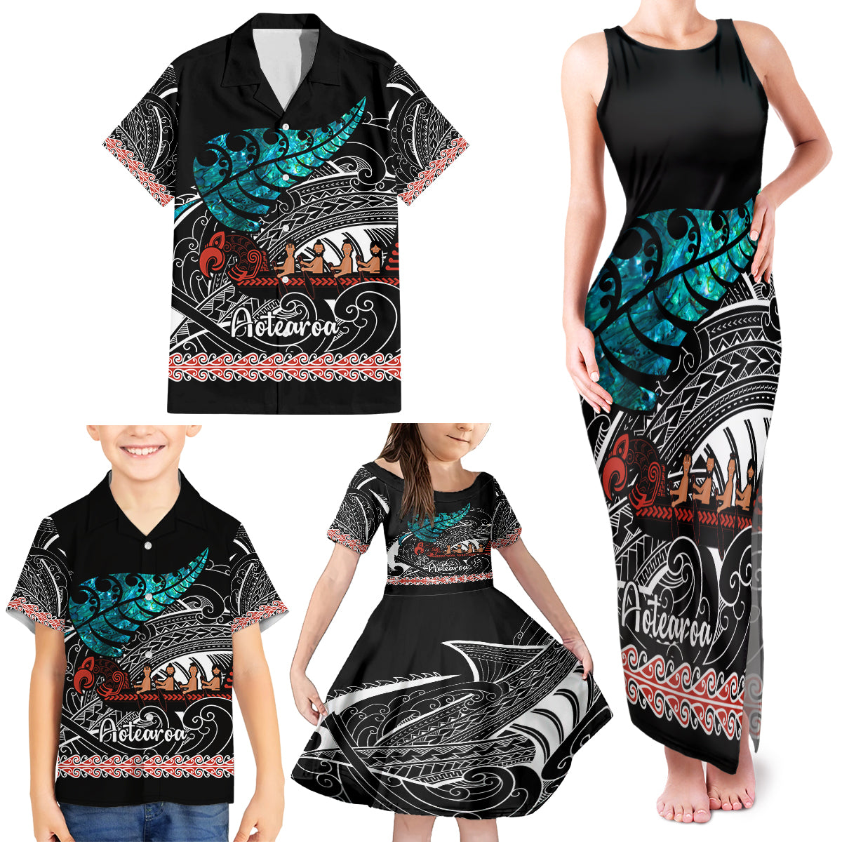 Personalised New Zealand Waka Family Matching Tank Maxi Dress and Hawaiian Shirt Aotearoa Maori Silver Fern Pattern - Wonder Print Shop