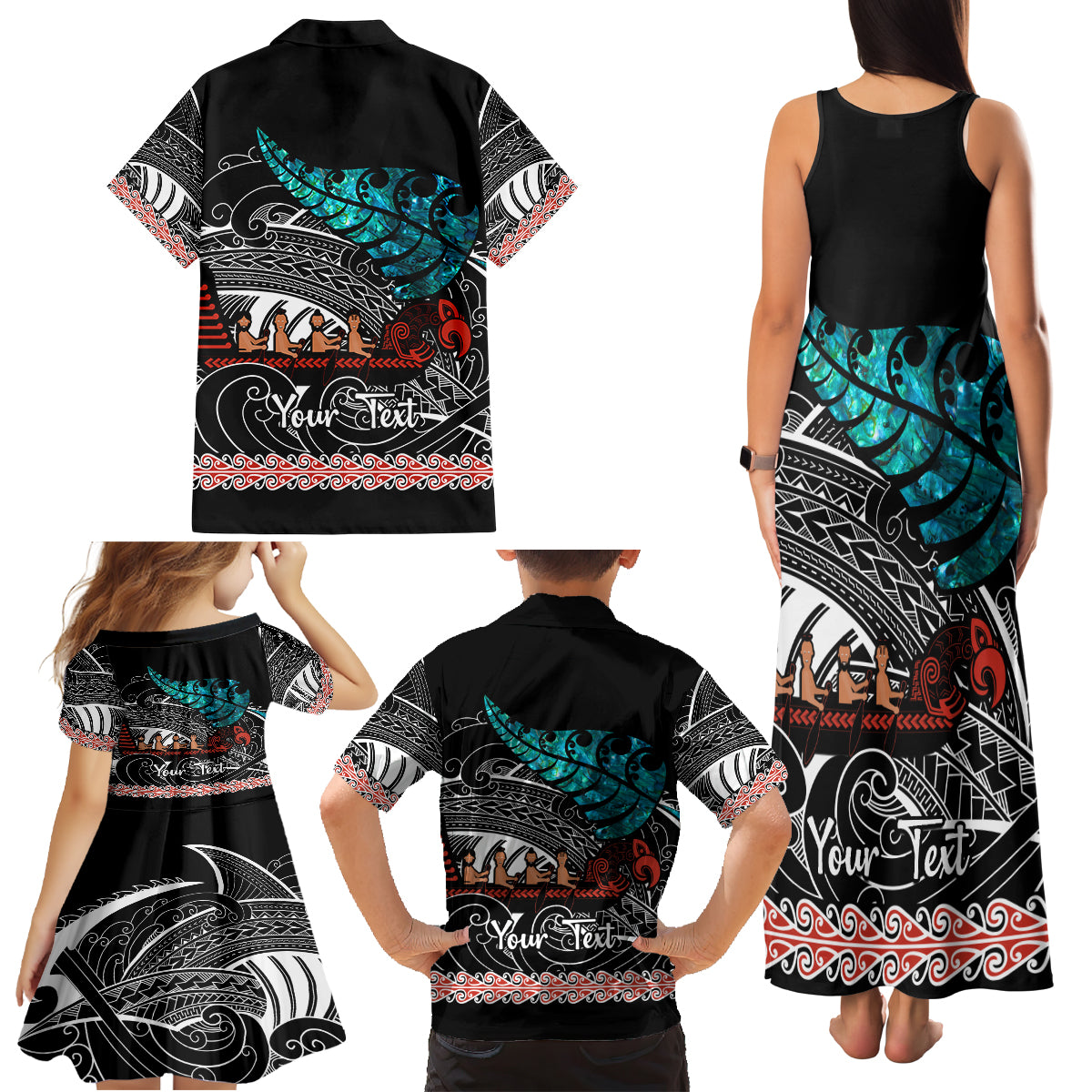 Personalised New Zealand Waka Family Matching Tank Maxi Dress and Hawaiian Shirt Aotearoa Maori Silver Fern Pattern - Wonder Print Shop