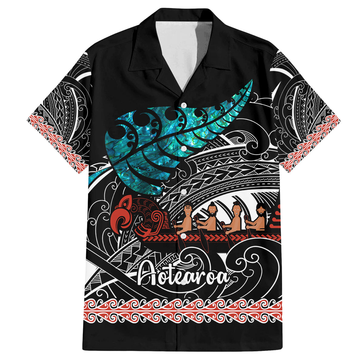 Personalised New Zealand Waka Family Matching Tank Maxi Dress and Hawaiian Shirt Aotearoa Maori Silver Fern Pattern - Wonder Print Shop