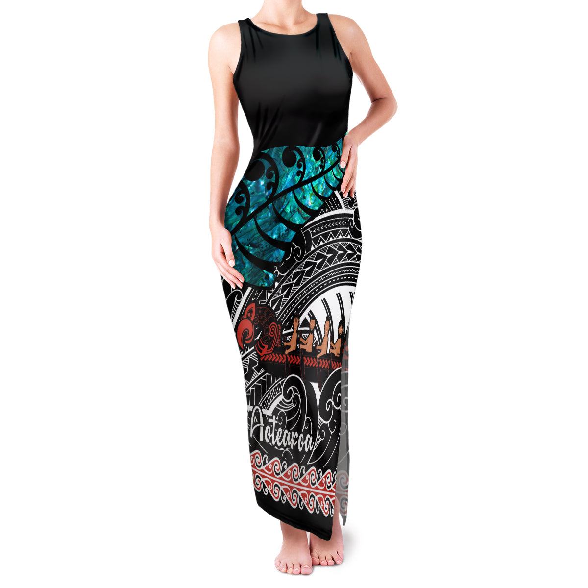 Personalised New Zealand Waka Family Matching Tank Maxi Dress and Hawaiian Shirt Aotearoa Maori Silver Fern Pattern - Wonder Print Shop