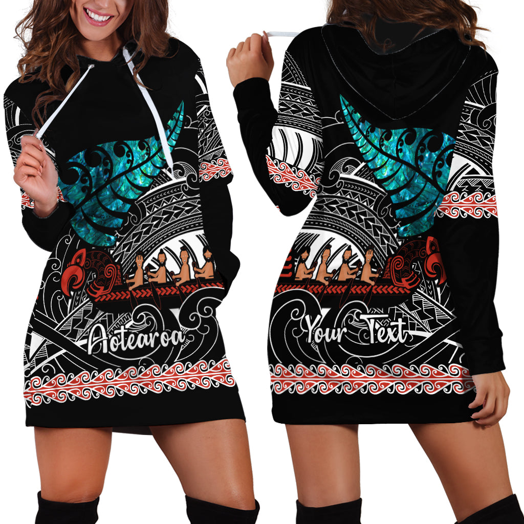Personalised New Zealand Waka Hoodie Dress Aotearoa Maori Silver Fern Pattern - Wonder Print Shop