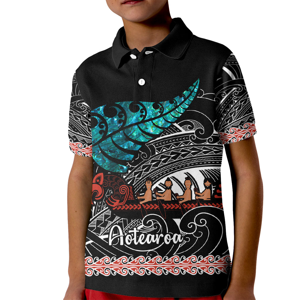Personalised New Zealand Waka Kid Polo Shirt Aotearoa Maori Silver Fern Pattern - Wonder Print Shop