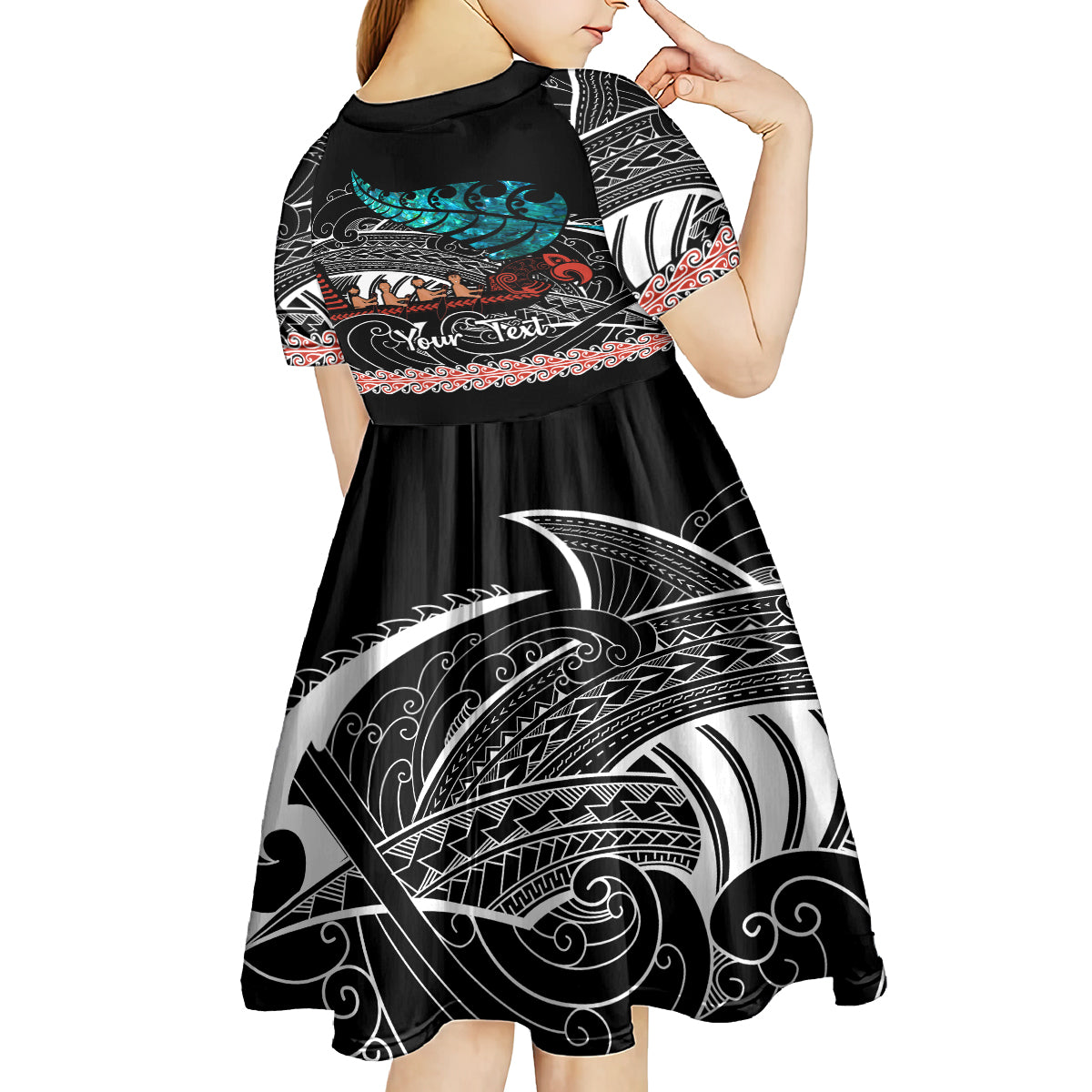 Personalised New Zealand Waka Kid Short Sleeve Dress Aotearoa Maori Silver Fern Pattern - Wonder Print Shop