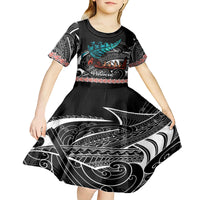Personalised New Zealand Waka Kid Short Sleeve Dress Aotearoa Maori Silver Fern Pattern - Wonder Print Shop