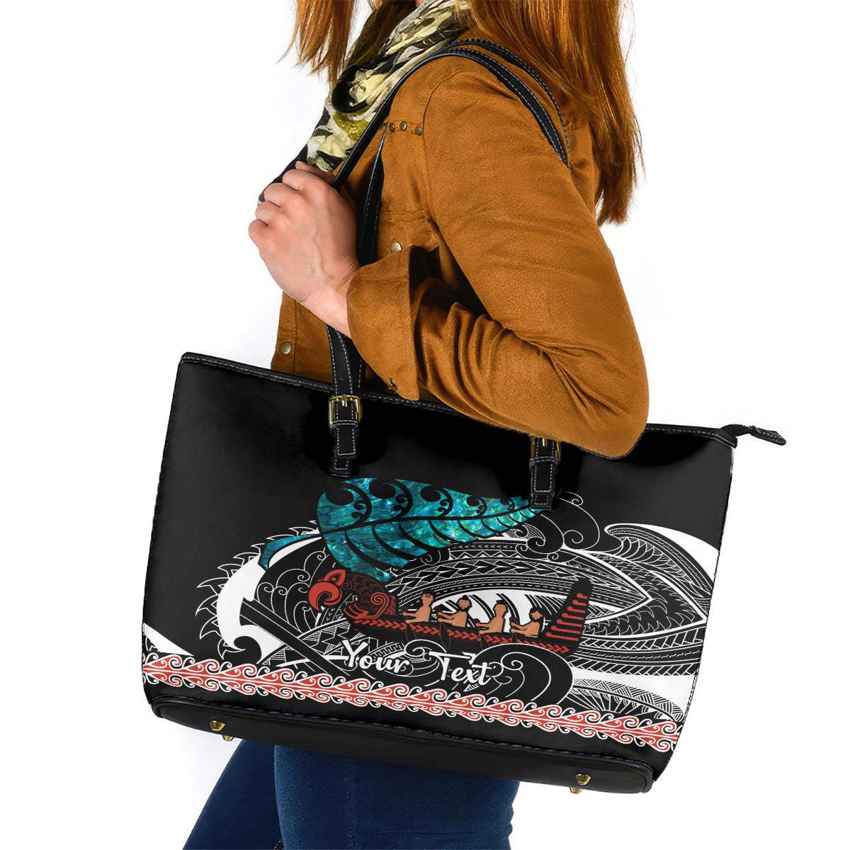 Personalised New Zealand Waka Leather Tote Bag Aotearoa Maori Silver Fern Pattern - Wonder Print Shop