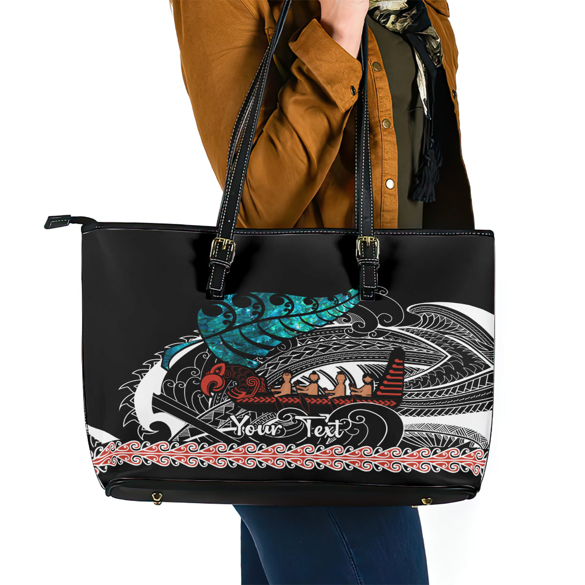 Personalised New Zealand Waka Leather Tote Bag Aotearoa Maori Silver Fern Pattern - Wonder Print Shop
