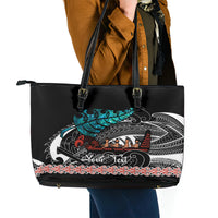 Personalised New Zealand Waka Leather Tote Bag Aotearoa Maori Silver Fern Pattern - Wonder Print Shop