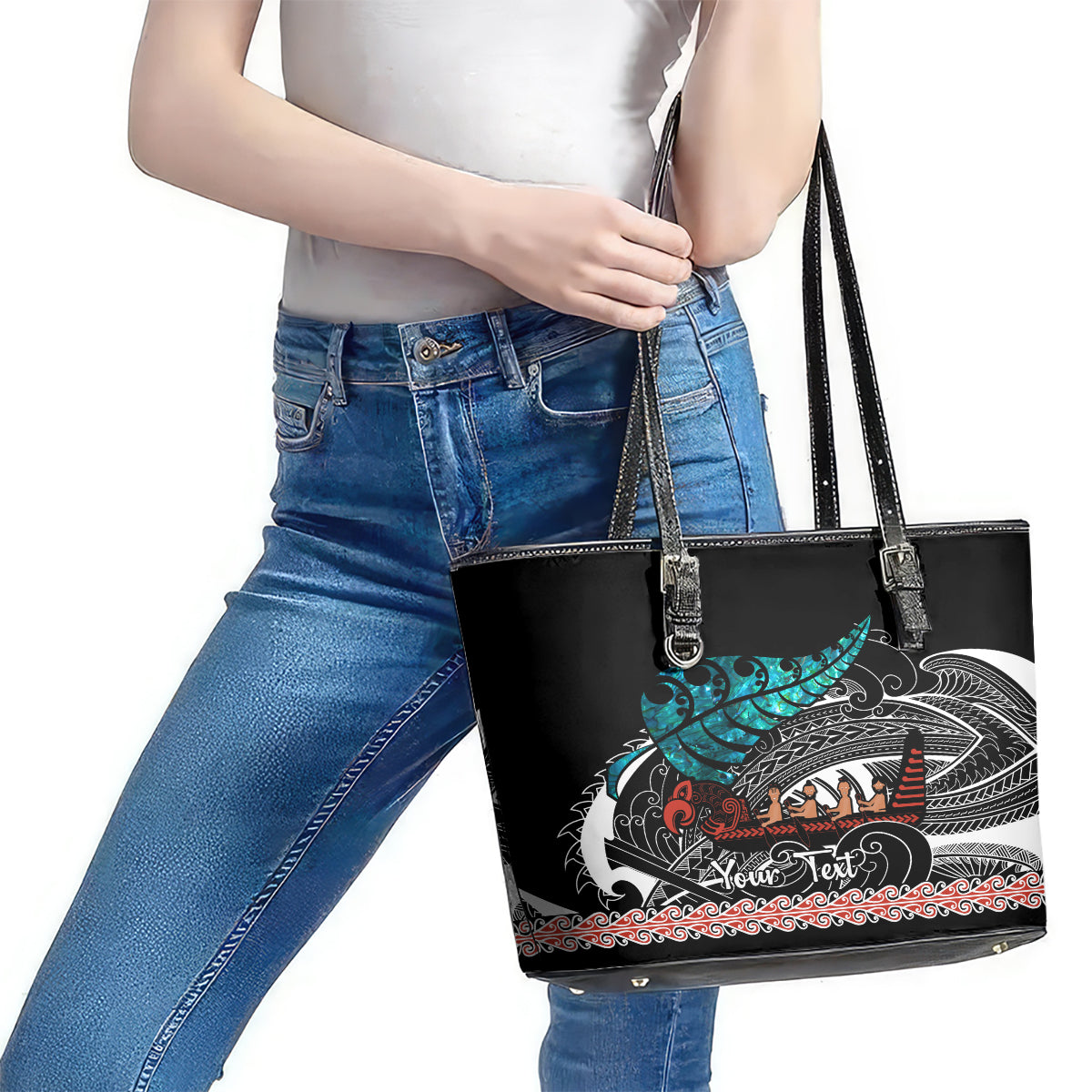Personalised New Zealand Waka Leather Tote Bag Aotearoa Maori Silver Fern Pattern - Wonder Print Shop