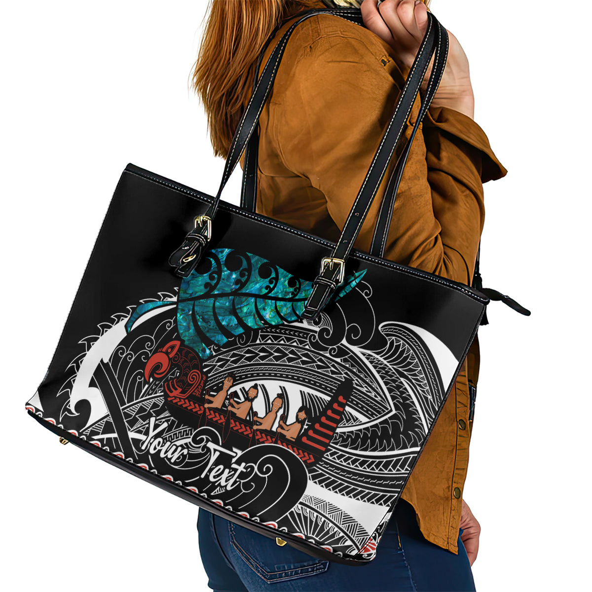 Personalised New Zealand Waka Leather Tote Bag Aotearoa Maori Silver Fern Pattern - Wonder Print Shop