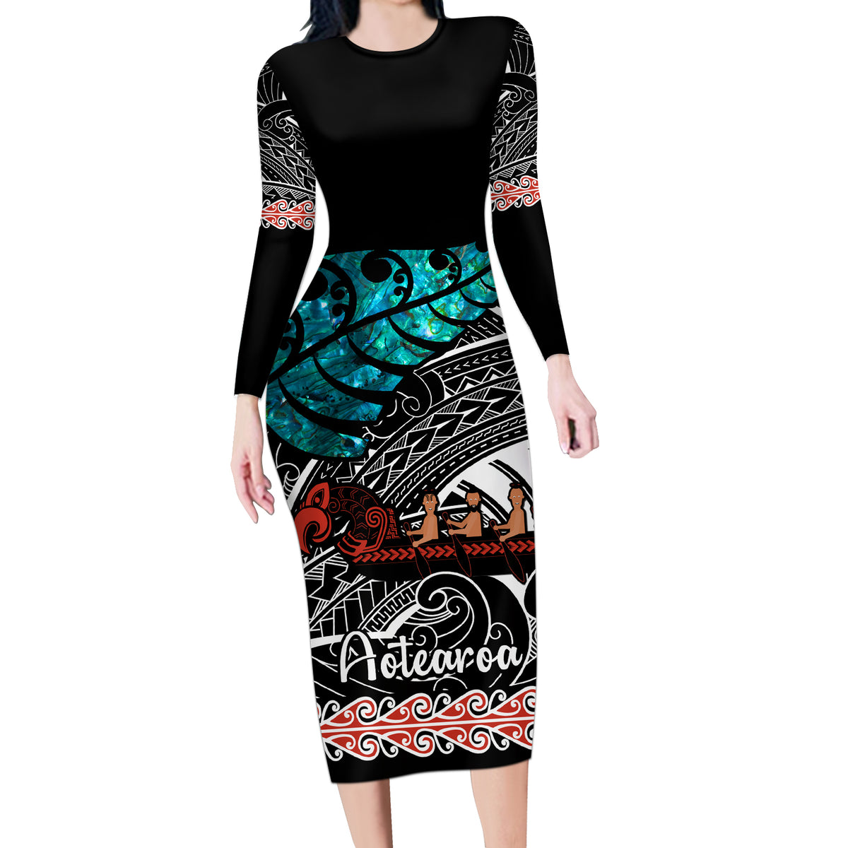 Personalised New Zealand Waka Long Sleeve Bodycon Dress Aotearoa Maori Silver Fern Pattern - Wonder Print Shop