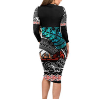 Personalised New Zealand Waka Long Sleeve Bodycon Dress Aotearoa Maori Silver Fern Pattern - Wonder Print Shop